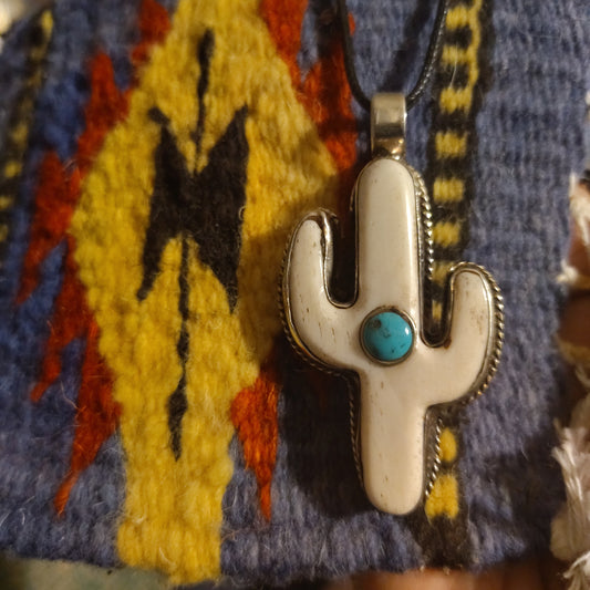 Buffalo Bone Carved Cactus with Turquoise Inlay
